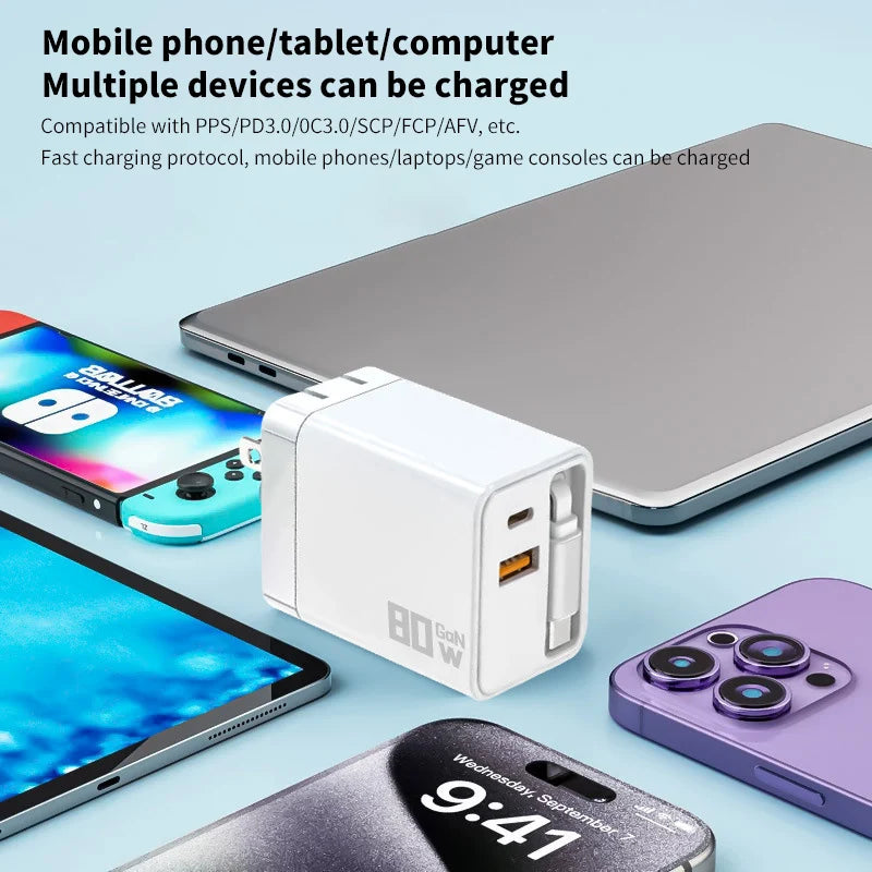 3 in 1 80W Gan Fast Charger Built-In Retractable Type-C Cable USB Type-C Charging Head for Iphone Huawei Samsung/Tablets/Laptops