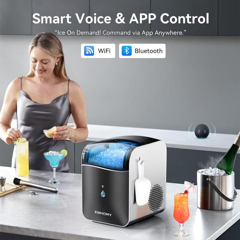 EUHOMY Smart Countertop Nugget Ice Maker: Portable, App-Controlled, 40Lbs/24H, 8-Min Ready, Self-Cleaning, with Hanging Scoop – Ideal for Home/Kitchen/Office.