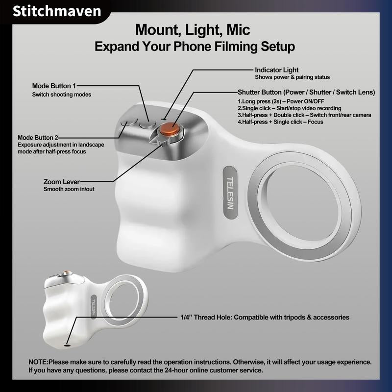Telesin Magnetic Phone Camera Grip,Anti Shake,Multi Function Bluetooth Shutter,Compatible with IOS and Android,Selfie Tools,Daily Use