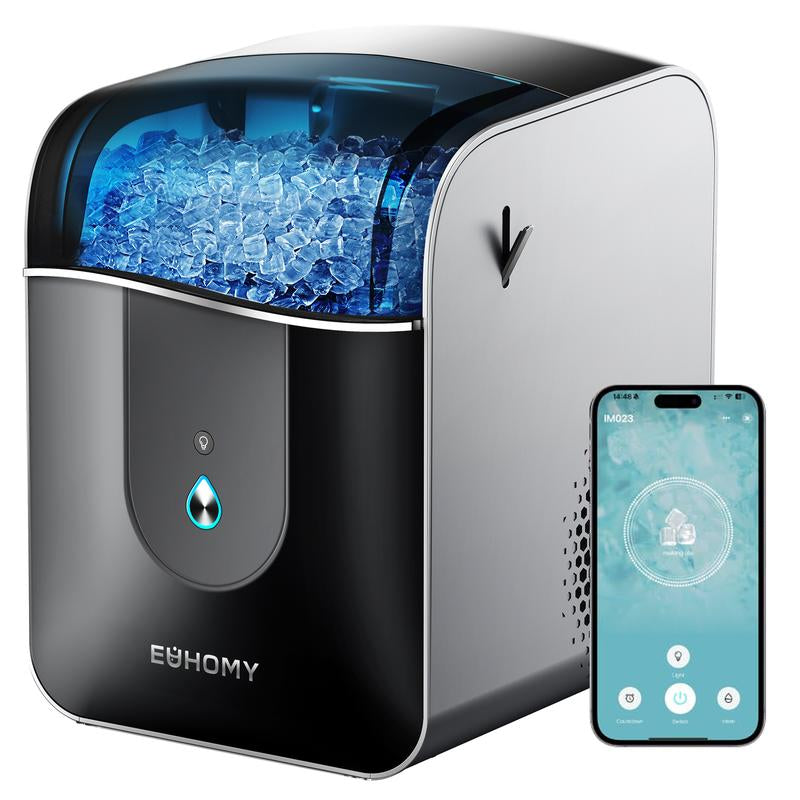 EUHOMY Smart Countertop Nugget Ice Maker: Portable, App-Controlled, 40Lbs/24H, 8-Min Ready, Self-Cleaning, with Hanging Scoop – Ideal for Home/Kitchen/Office.
