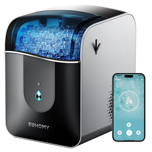 EUHOMY Smart Countertop Nugget Ice Maker: Portable, App-Controlled, 40Lbs/24H, 8-Min Ready, Self-Cleaning, with Hanging Scoop – Ideal for Home/Kitchen/Office.