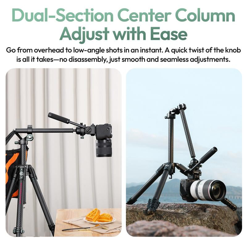 Ulanzi Glidego Travel Tripod Carbon Fiber Tripod JJ06 with Dual-Section Center Column for Low-Angle Overhead Shots