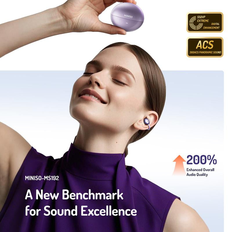 MINISO MS192 Clip on Earbuds Open Ear Wireless BT 5.4 Headphones with Mic and APP, 48H Play, Noise Cancelling, Waterproof, Sports Ear Buds, Comfortable for Ears & Glasses Wearers, Workouts