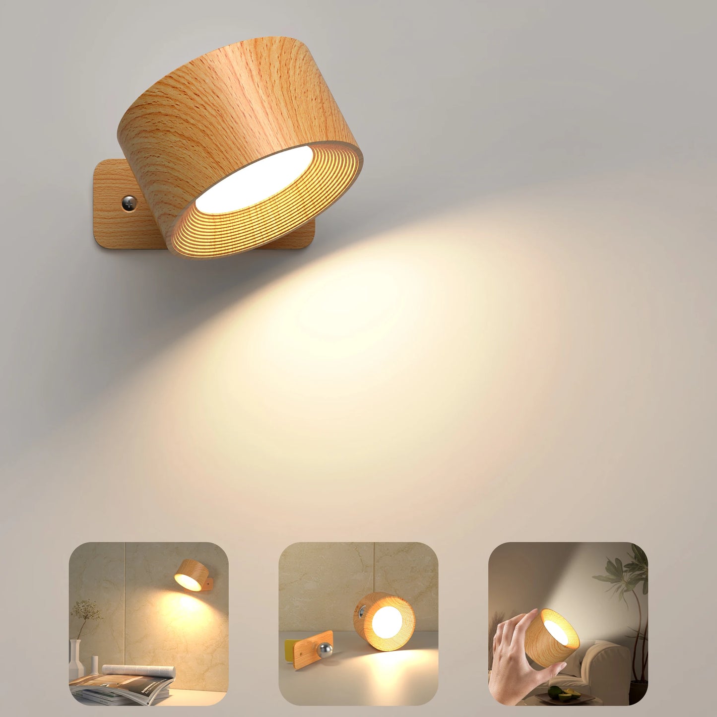 Wooden LED Wall Sconce, 360° Rotatable Dimmable ,Magnetic Touch Control, Rechargeable Battery Operated Magnetic Night Light
