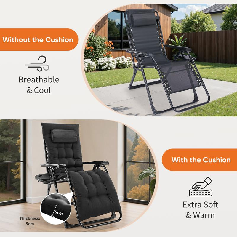 Zero Gravity Chair, Reclining Camping Lounge Chair, Reclining Patio Chairs with Cup Holder Trays and Removable Cushion, Folding Recliner for Indoor and Outdoor