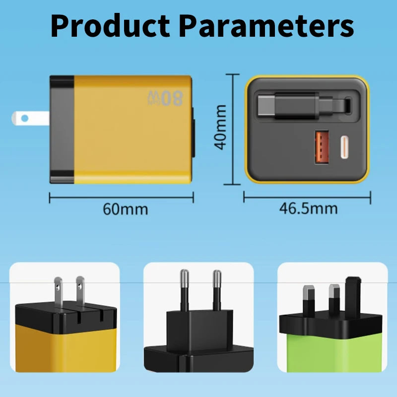 3 in 1 80W Gan Fast Charger Built-In Retractable Type-C Cable USB Type-C Charging Head for Iphone Huawei Samsung/Tablets/Laptops