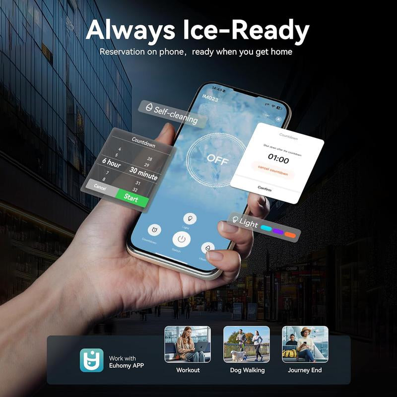 EUHOMY Smart Countertop Nugget Ice Maker: Portable, App-Controlled, 40Lbs/24H, 8-Min Ready, Self-Cleaning, with Hanging Scoop – Ideal for Home/Kitchen/Office.