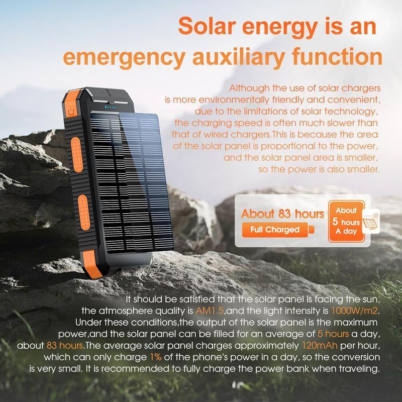 Loze10000Mah Solar Portable Charger Power Bank, Dual USB Output Ports Mobile Phone Charger for Iphone Android Devices, Waterproof External Battery Pack with Flashlight, Compass and Carabiner, Smartphone Charging Accessories, Camping Gadgets 2025