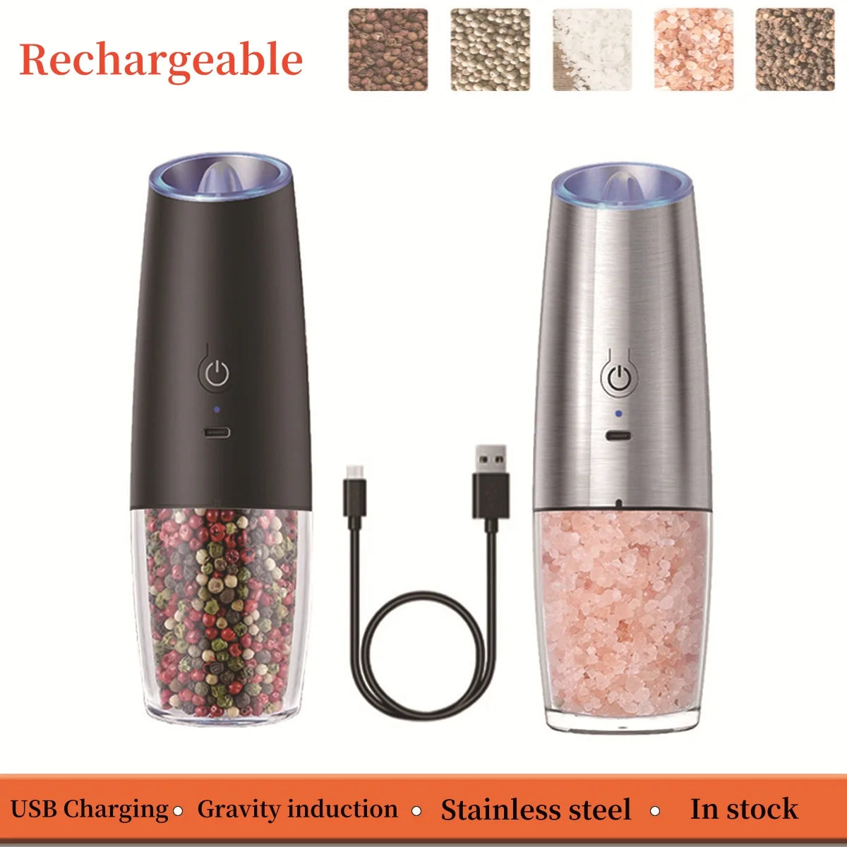 Gravity Induction Electric Salt and Pepper Grinder, USB Charging, Spice Shakers, Kitchen Tool, Pepper Mill Set, Seasoning Bottle