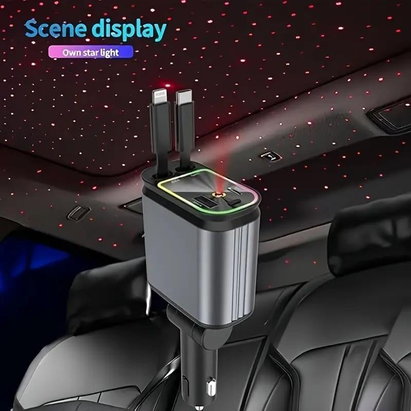 4-In-1 Ultra Fast Retractable Car Charger with Starry Sky Projection Night Light, Car Ambient Light, and Fast Car Charger Suitable for Iphone 15/14/13/12/11 and Android