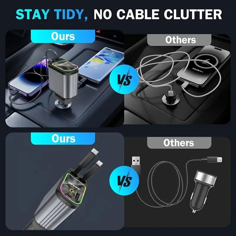 4-In-1 Ultra Fast Retractable Car Charger with Starry Sky Projection Night Light, Car Ambient Light, and Fast Car Charger Suitable for Iphone 15/14/13/12/11 and Android