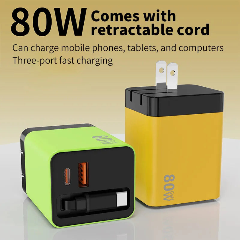 3 in 1 80W Gan Fast Charger Built-In Retractable Type-C Cable USB Type-C Charging Head for Iphone Huawei Samsung/Tablets/Laptops