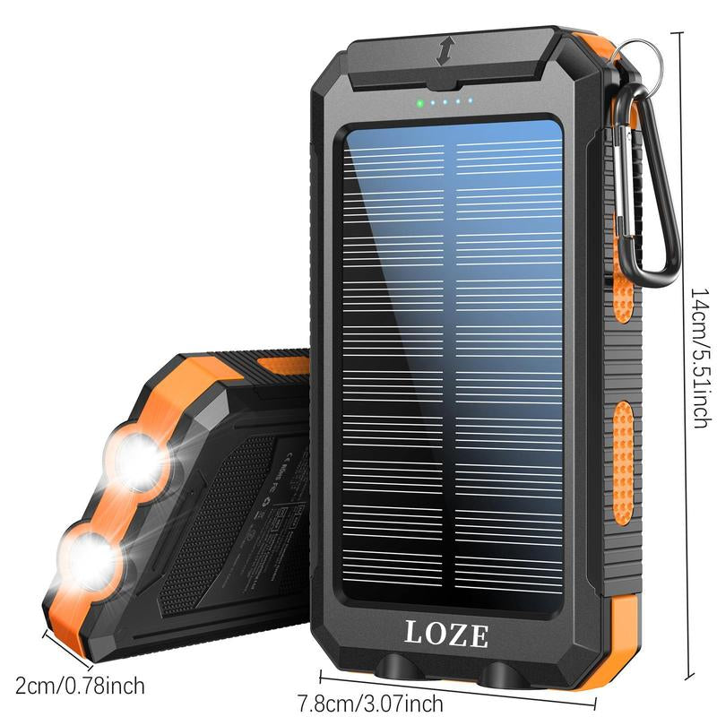 Loze10000Mah Solar Portable Charger Power Bank, Dual USB Output Ports Mobile Phone Charger for Iphone Android Devices, Waterproof External Battery Pack with Flashlight, Compass and Carabiner, Smartphone Charging Accessories, Camping Gadgets 2025