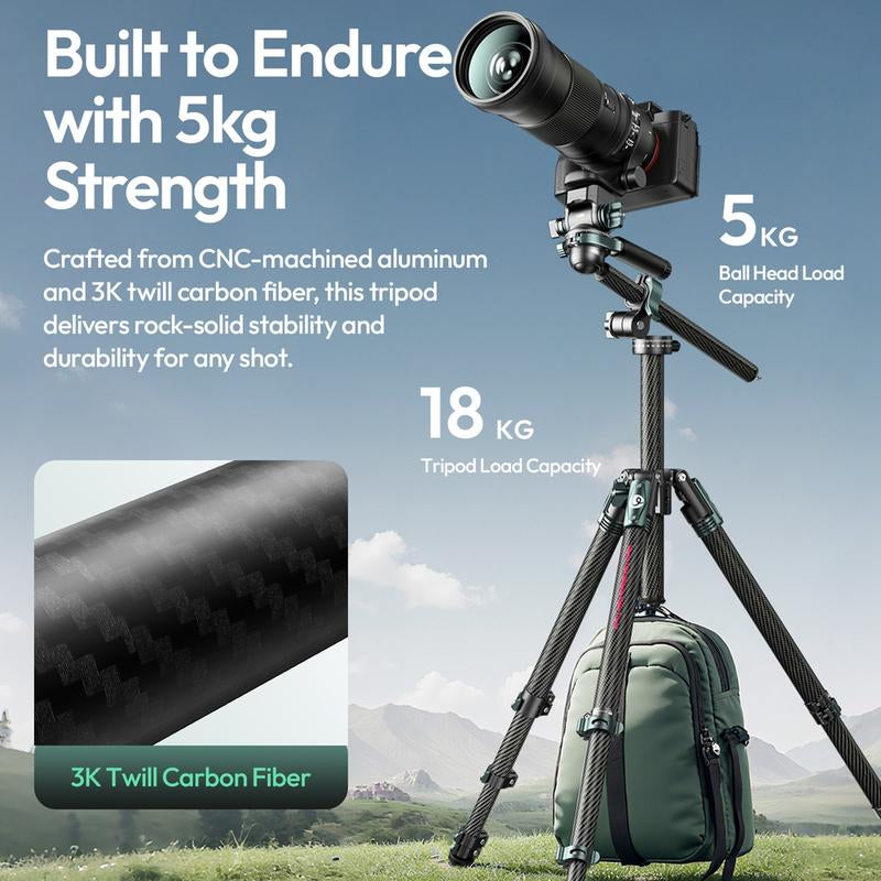 Ulanzi Glidego Travel Tripod Carbon Fiber Tripod JJ06 with Dual-Section Center Column for Low-Angle Overhead Shots
