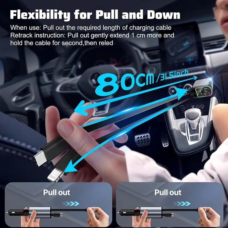 4-In-1 Ultra Fast Retractable Car Charger with Starry Sky Projection Night Light, Car Ambient Light, and Fast Car Charger Suitable for Iphone 15/14/13/12/11 and Android