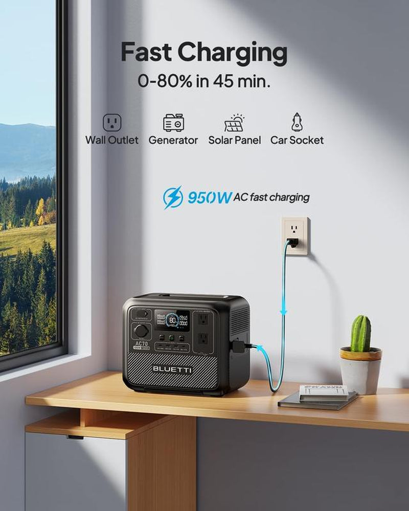 BLUETTI AC70 Portable Solar Generator, 768Wh Lifepo4 Power Station