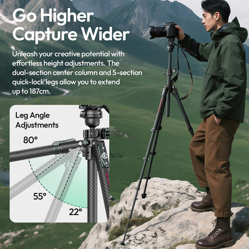 Ulanzi Glidego Travel Tripod Carbon Fiber Tripod JJ06 with Dual-Section Center Column for Low-Angle Overhead Shots