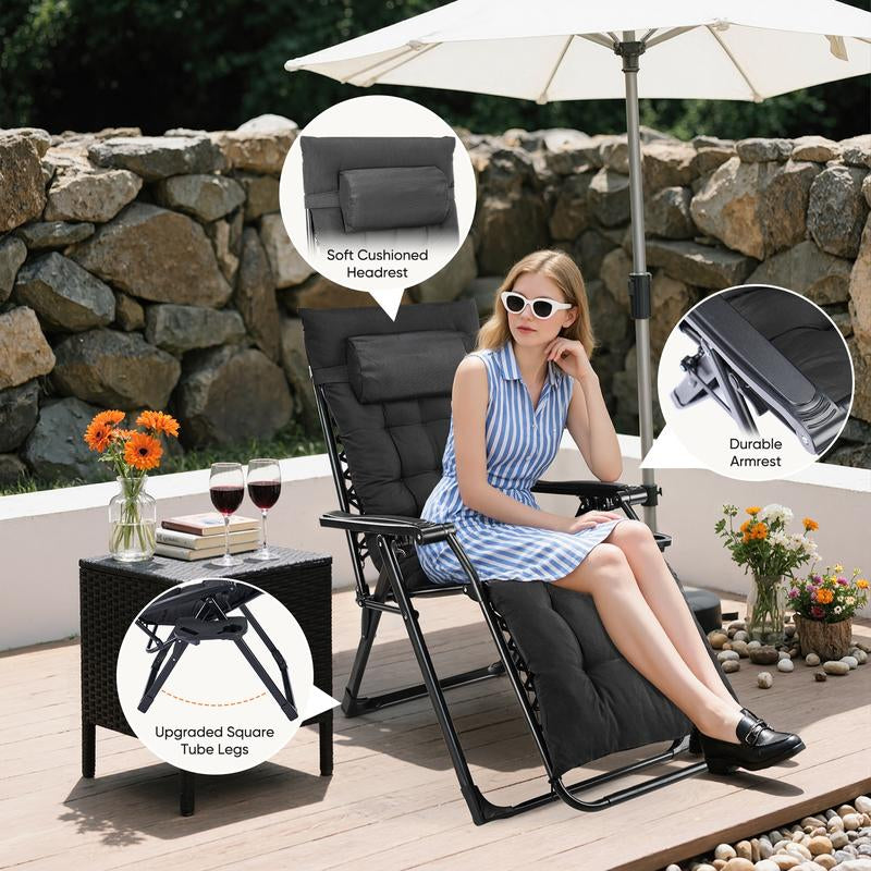 Zero Gravity Chair, Reclining Camping Lounge Chair, Reclining Patio Chairs with Cup Holder Trays and Removable Cushion, Folding Recliner for Indoor and Outdoor