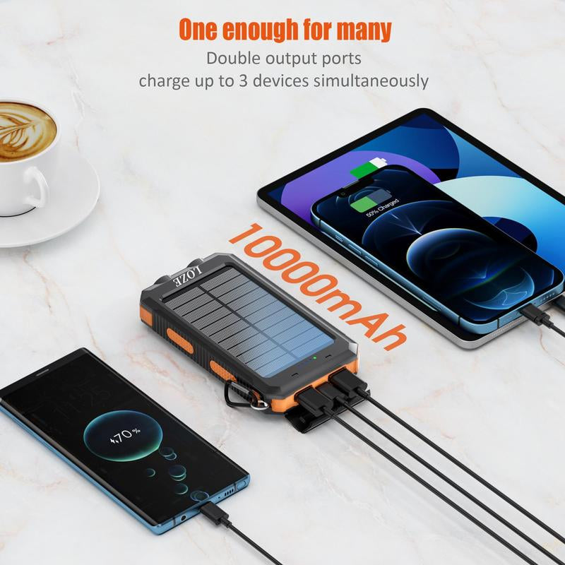 Loze10000Mah Solar Portable Charger Power Bank, Dual USB Output Ports Mobile Phone Charger for Iphone Android Devices, Waterproof External Battery Pack with Flashlight, Compass and Carabiner, Smartphone Charging Accessories, Camping Gadgets 2025