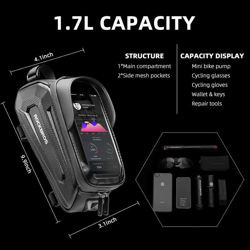 ROCKBROS Bike Bag Phone Mount Bag Bicycle Accessories Pouch, EVA Waterproof Bike Phone Holder Top Tube Front Frame Bag Handlebar Bags Compatible Phones under 6.8”