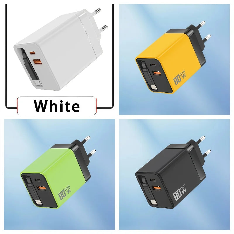3 in 1 80W Gan Fast Charger Built-In Retractable Type-C Cable USB Type-C Charging Head for Iphone Huawei Samsung/Tablets/Laptops