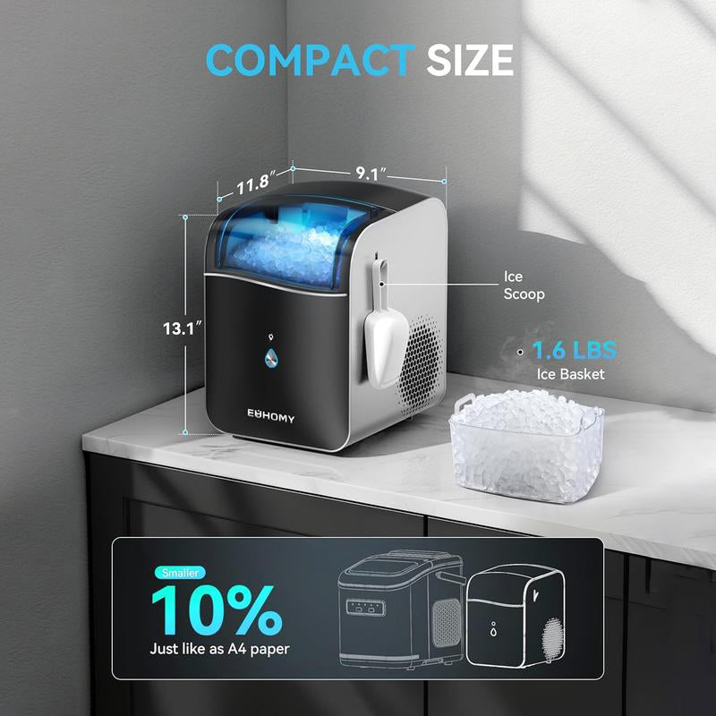 EUHOMY Smart Countertop Nugget Ice Maker: Portable, App-Controlled, 40Lbs/24H, 8-Min Ready, Self-Cleaning, with Hanging Scoop – Ideal for Home/Kitchen/Office.