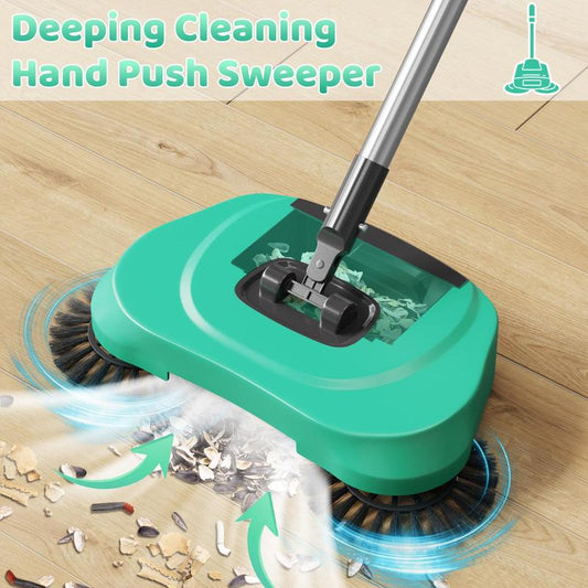 3-In-1 Manual Floor Cleaner - Push Broom, Dust Collector & Mop , Non-Electric Dry/Wet Use for Hardwood & Tile , Pet Hair/Dust Removal , Includes 3 Reusable Microfiber Cloths