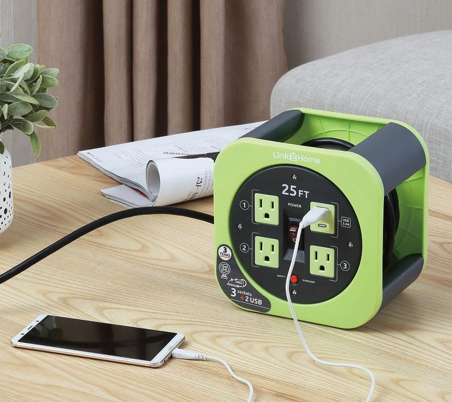 Link2Home Cord Reel 25' Extension Cord Power Outlet & USB