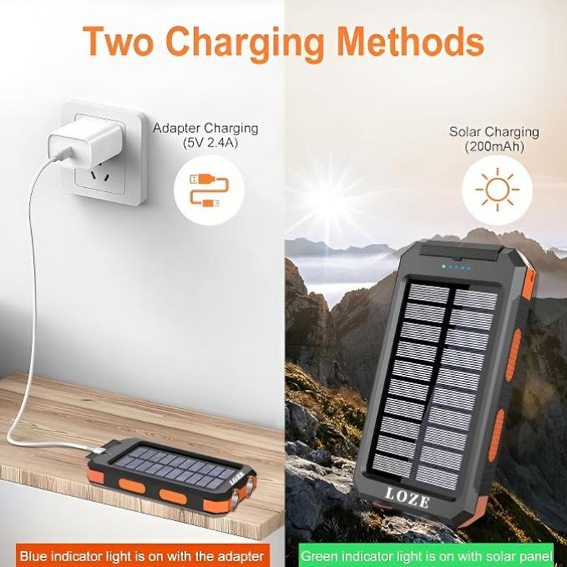 Loze10000Mah Solar Portable Charger Power Bank, Dual USB Output Ports Mobile Phone Charger for Iphone Android Devices, Waterproof External Battery Pack with Flashlight, Compass and Carabiner, Smartphone Charging Accessories, Camping Gadgets 2025