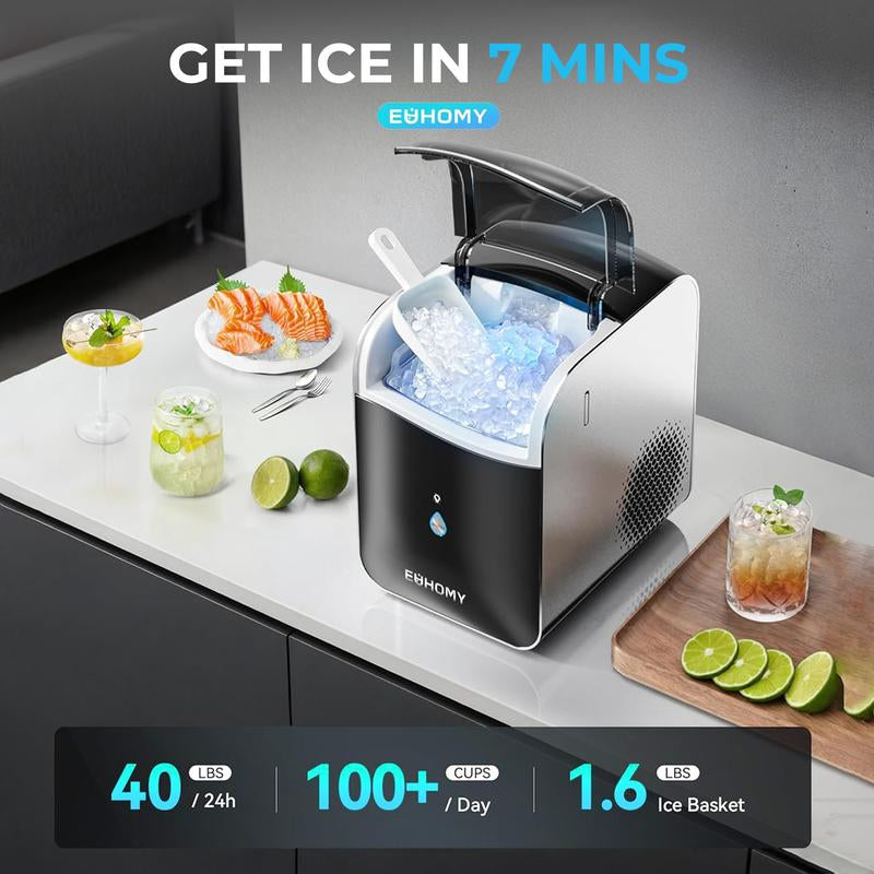 EUHOMY Smart Countertop Nugget Ice Maker: Portable, App-Controlled, 40Lbs/24H, 8-Min Ready, Self-Cleaning, with Hanging Scoop – Ideal for Home/Kitchen/Office.
