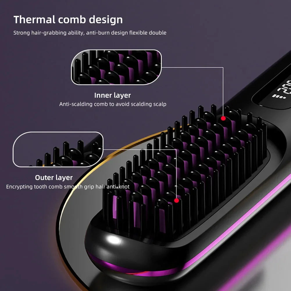 Hair Straightener Brush USB Rechargeable Cordless Negative Ions Hot Brush Electric Fluffy Curly Hair Styling Detangling Comb
