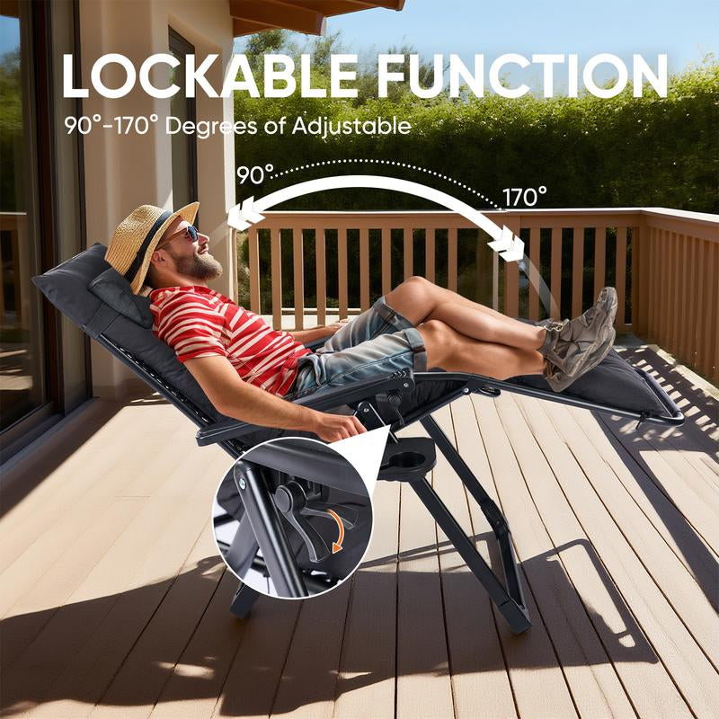Zero Gravity Chair, Reclining Camping Lounge Chair, Reclining Patio Chairs with Cup Holder Trays and Removable Cushion, Folding Recliner for Indoor and Outdoor