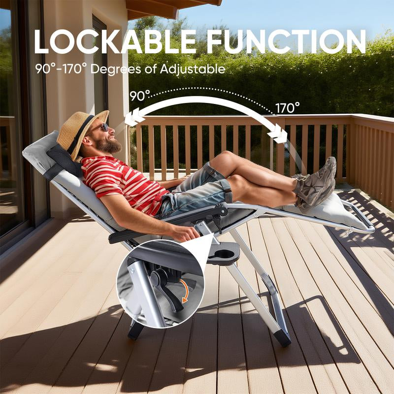 Zero Gravity Chair, Reclining Camping Lounge Chair, Reclining Patio Chairs with Cup Holder Trays and Removable Cushion, Folding Recliner for Indoor and Outdoor