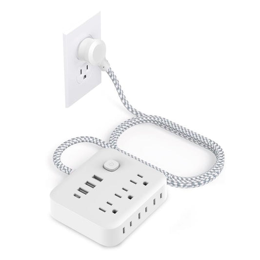 Surge Protector Power Strip- 6 Widely Outlets with 4 USB Ports(1 Typ-C Outlet), Power Strip with Braided Extension Cord, Flat Plug, Desktop Charging Station for Home, Office and Dorm Essential