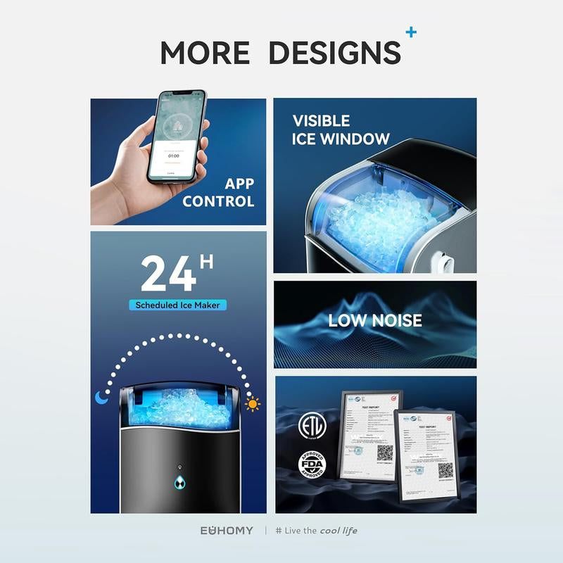 EUHOMY Smart Countertop Nugget Ice Maker: Portable, App-Controlled, 40Lbs/24H, 8-Min Ready, Self-Cleaning, with Hanging Scoop – Ideal for Home/Kitchen/Office.