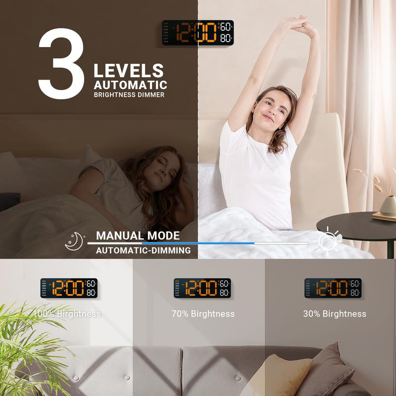 10" Digital Wall Mount Clock, Alarm, Big LED, DST, Temperature for Living Room Classroom Desk and Humidity Sensor, Xmas, Birthday Gift for Senior Mom Dad,Christmas Gift, House Warming Gifts New Home Decor Light Set