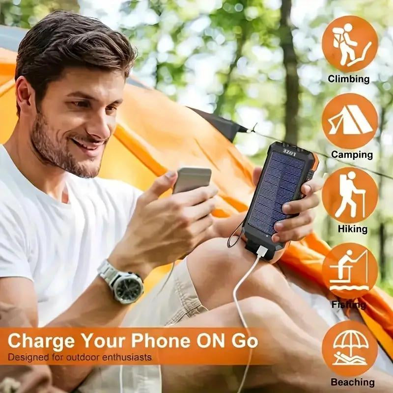 Loze10000Mah Solar Portable Charger Power Bank, Dual USB Output Ports Mobile Phone Charger for Iphone Android Devices, Waterproof External Battery Pack with Flashlight, Compass and Carabiner, Smartphone Charging Accessories, Camping Gadgets 2025