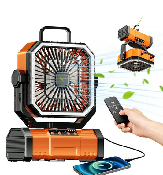 2025 Newest50000Mah Rechargeable Camping Fan with LED Lights, Portable Multifunctional Fan with 360°Rotating Hooks, Remote Control Shaking Head Desk Fan for Tent Travel Home Multifunction Outdoor Activities