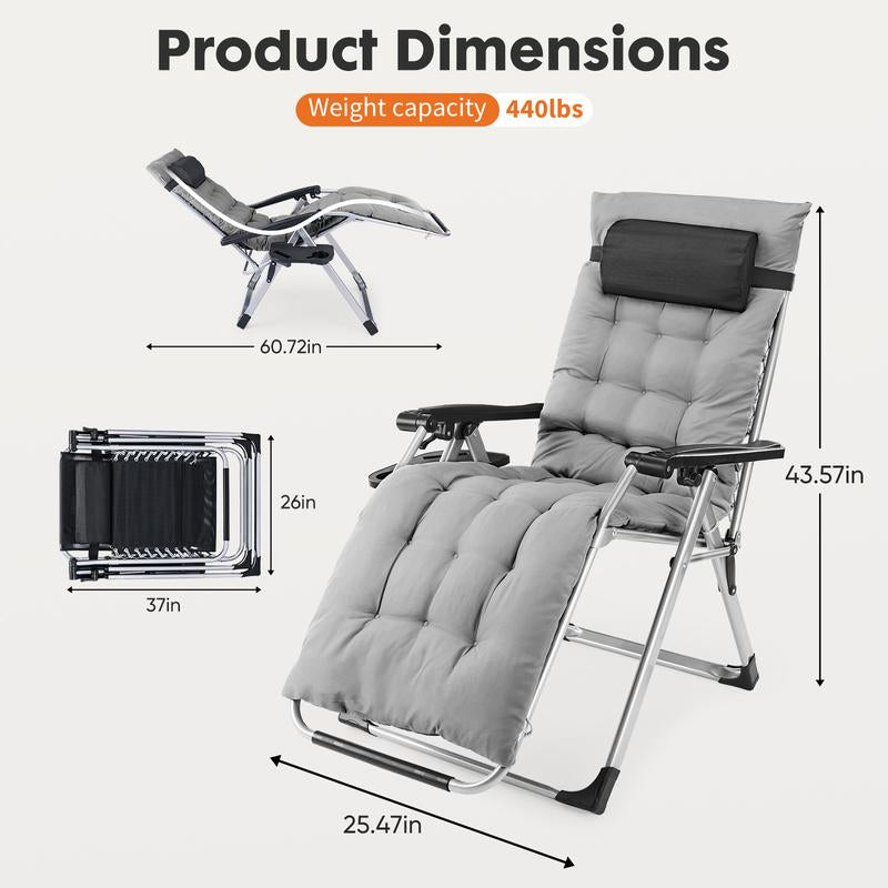 Zero Gravity Chair, Reclining Camping Lounge Chair, Reclining Patio Chairs with Cup Holder Trays and Removable Cushion, Folding Recliner for Indoor and Outdoor