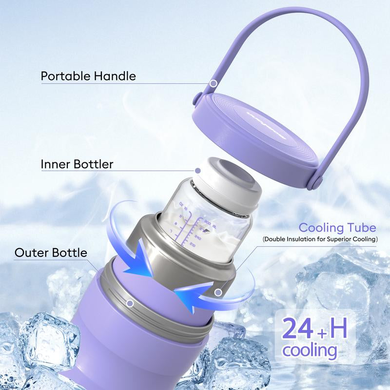 Minikid Portable Breast Milk Cooler for Outdoor,Stainless Steel Liner Breast Milk Cooler with 360° Total Cooling for 24 Hours,With Larger Capacity 2Pcs Baby Bottles for Travel