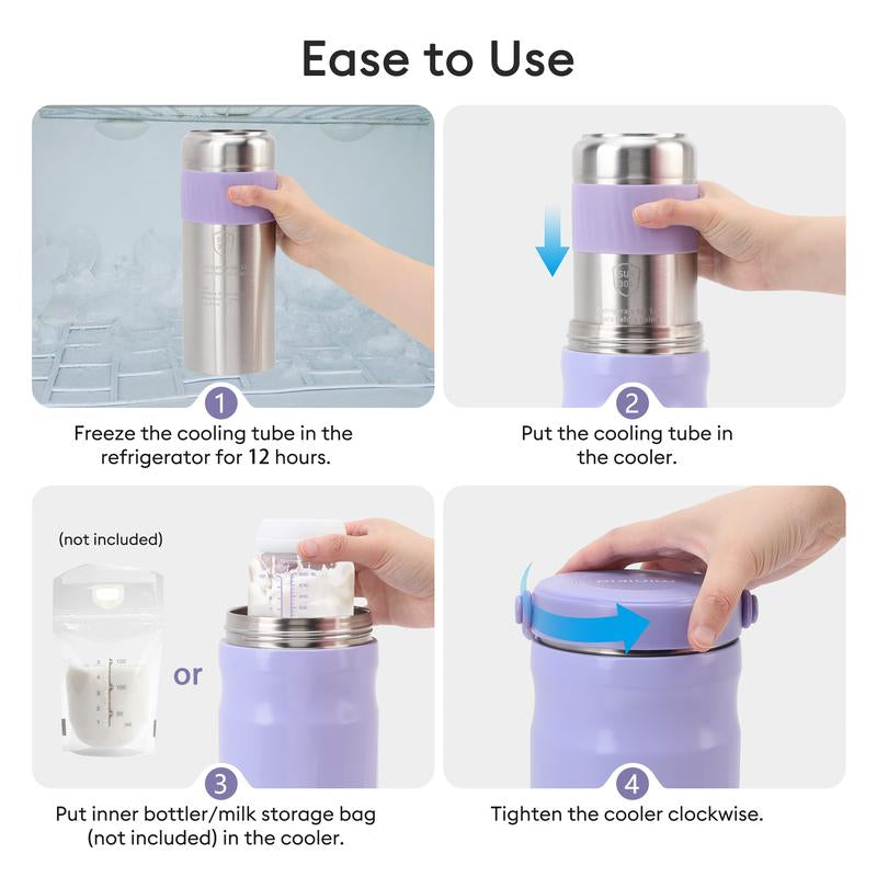 Minikid Portable Breast Milk Cooler for Outdoor,Stainless Steel Liner Breast Milk Cooler with 360° Total Cooling for 24 Hours,With Larger Capacity 2Pcs Baby Bottles for Travel