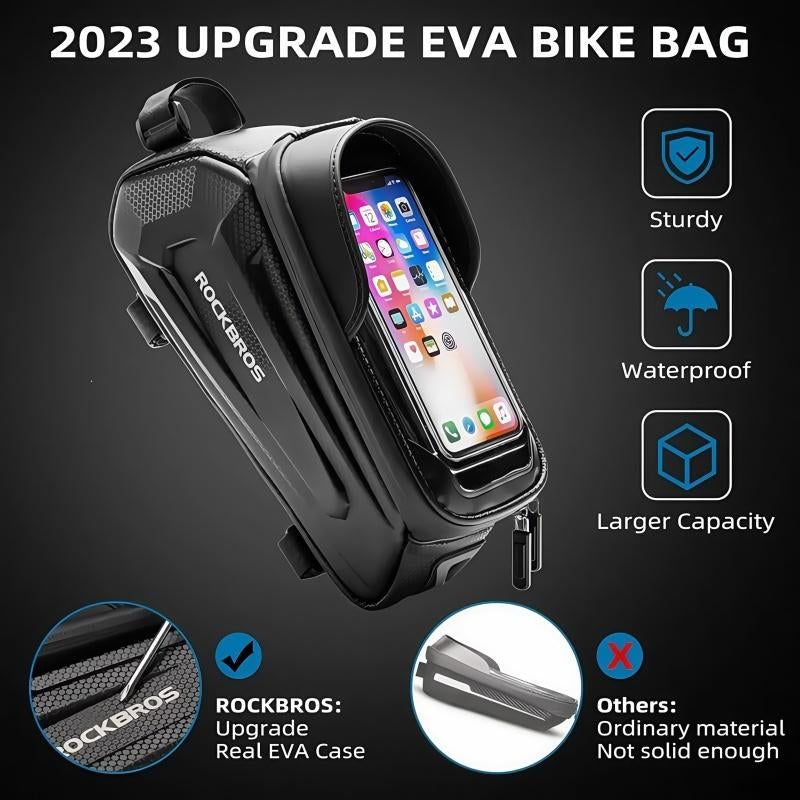 ROCKBROS Bike Bag Phone Mount Bag Bicycle Accessories Pouch, EVA Waterproof Bike Phone Holder Top Tube Front Frame Bag Handlebar Bags Compatible Phones under 6.8”