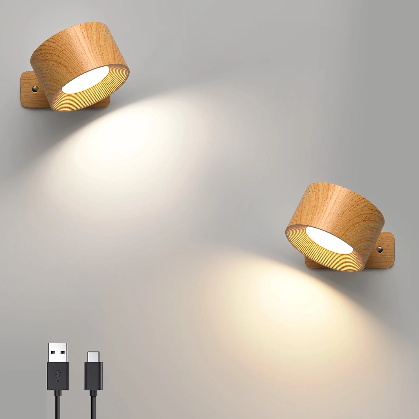 Wooden LED Wall Sconce, 360° Rotatable Dimmable ,Magnetic Touch Control, Rechargeable Battery Operated Magnetic Night Light