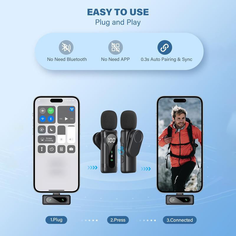 Wireless Lavalier Microphone Dual Set – Plug & Play Clip-On Mic with Auto Pairing, Magnetic Mount, Noise Cancelling with LED Display for Iphone, Android, USB-C Devices,Vlog & Video Recording