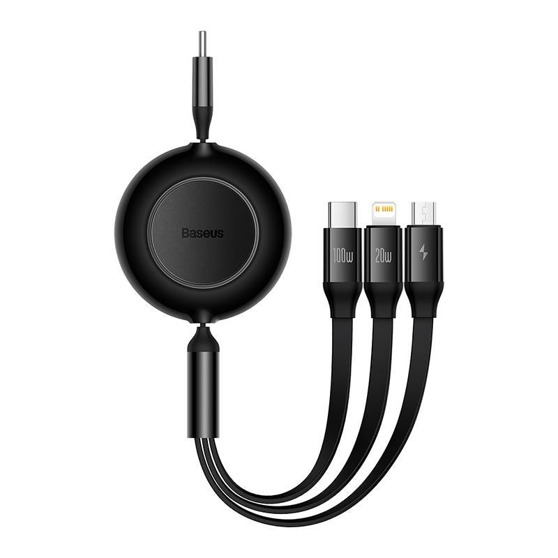 Baseus Retractable 3-In-1 Fast Charging Cable 100W Type-C to Micro USB + Lightning + USB-C