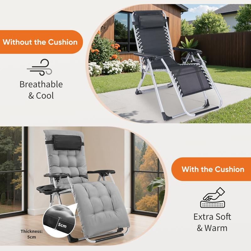 Zero Gravity Chair, Reclining Camping Lounge Chair, Reclining Patio Chairs with Cup Holder Trays and Removable Cushion, Folding Recliner for Indoor and Outdoor