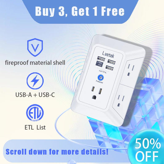 Lvetek 9 in 1 Function USB Wall Outlet with 4 USB Ports Surge Protector Wall Charger Fireproof Material Shell ETL Listed for Home Office Travel
