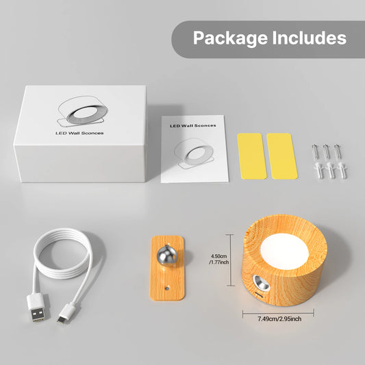 Wooden LED Wall Sconce, 360° Rotatable Dimmable ,Magnetic Touch Control, Rechargeable Battery Operated Magnetic Night Light