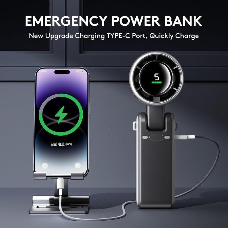 Portable Folding High-Speed Handheld Fan, 5 Gear Wind,4000Mah Battery Operated, up to 10 Working Hours, 3 in 1 Hand Fan Rechargeable with Air Turbo Tech Cooling Fan for Outdoor Activities, Travel, Working,Must-Haves in Summer