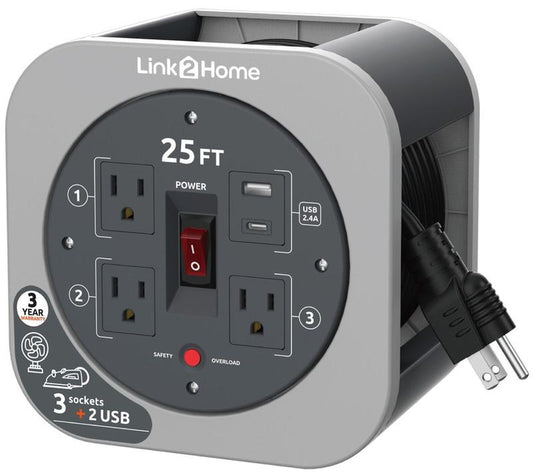Link2Home Cord Reel 25' Extension Cord Power Outlet & USB
